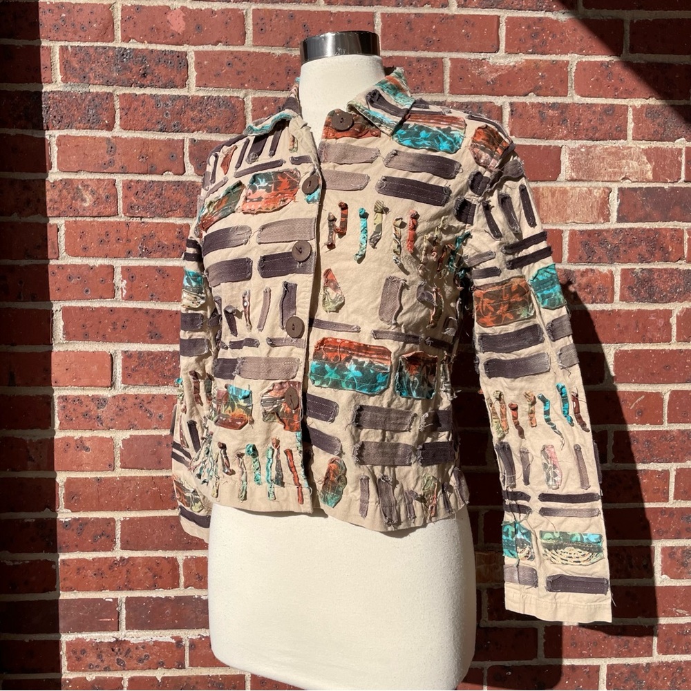 New Direction Vintage Art Blazer Jacket Small Tan Brown Aqua Mixed Media Boho